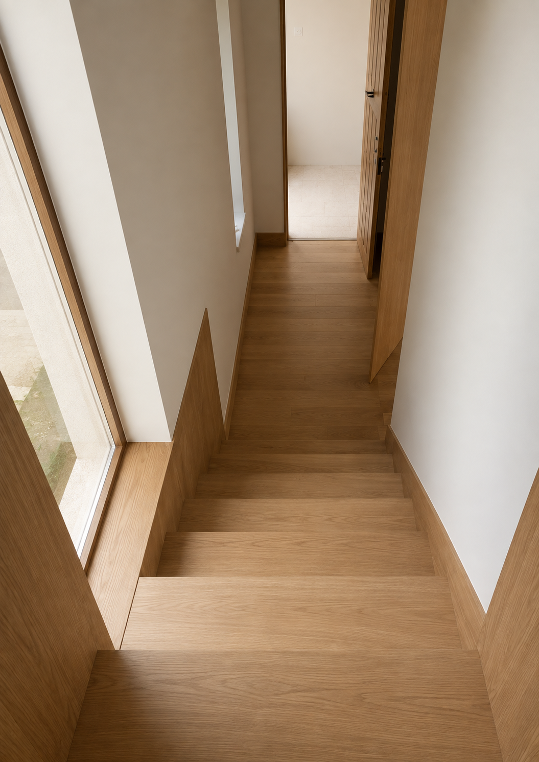 Bright upper landing with exposed pine beam, white parapet and oak floor