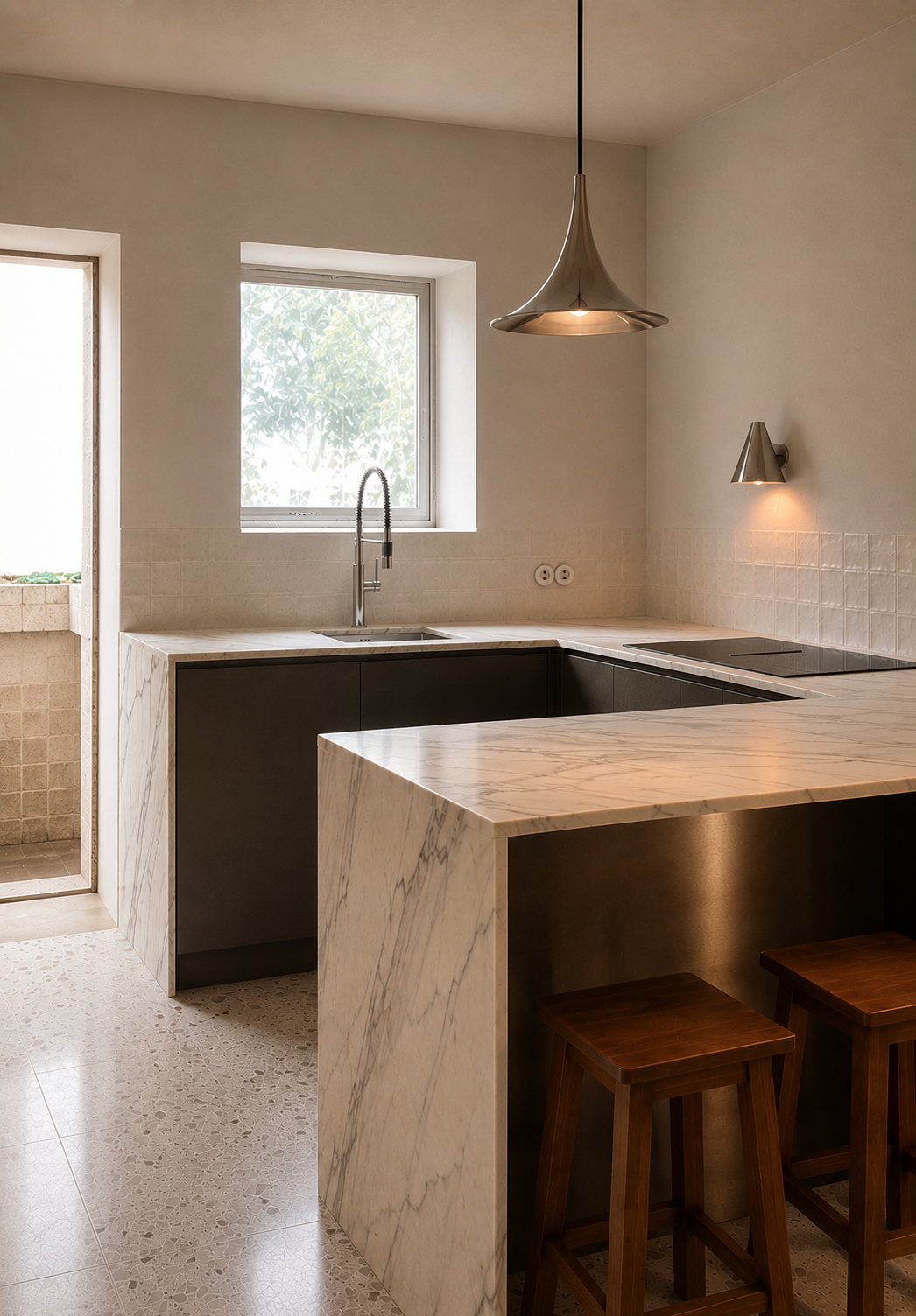 Kitchen with Estremoz marble worktop, terrazzo floor and handmade glazed tiles
